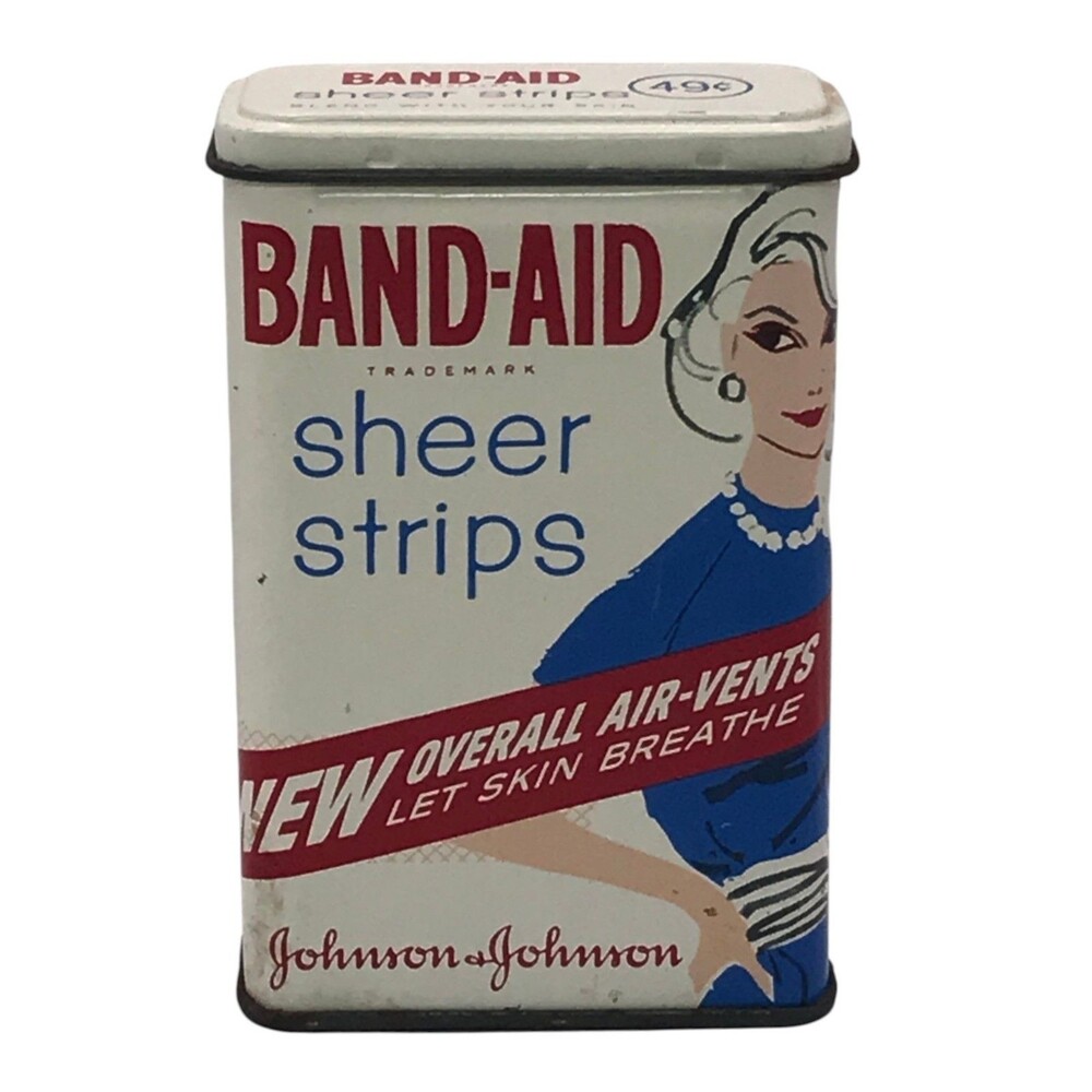 Band-Aid 4614 Vintage 1950s Sheer Strips Metal Tin Lady Blue Dress 49c Empty USA